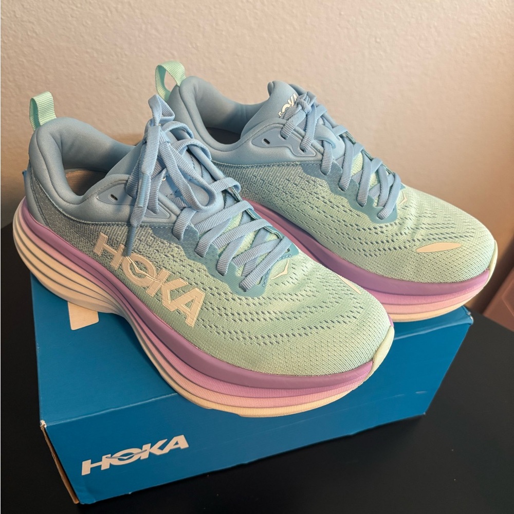 Hoka Bondi 8 Blue and Purple Athletic Shoes for Performance